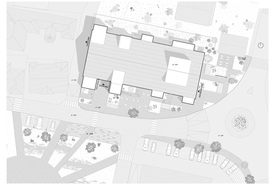 Helyszínrajz. SPACES AND SOLIDS. A MÁS Építészek megvételt nyert terve a Šenčur Művelődési ház pályázatán, 2024.