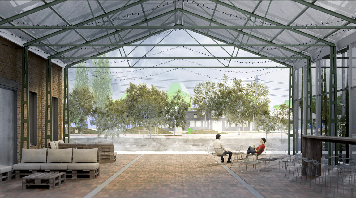 Látvány a raktársorból. A győri Richards Richard posztó-szövetgyár területének revitalizálása. Horváth Gábor és Horváth Gergely terve. 2024.